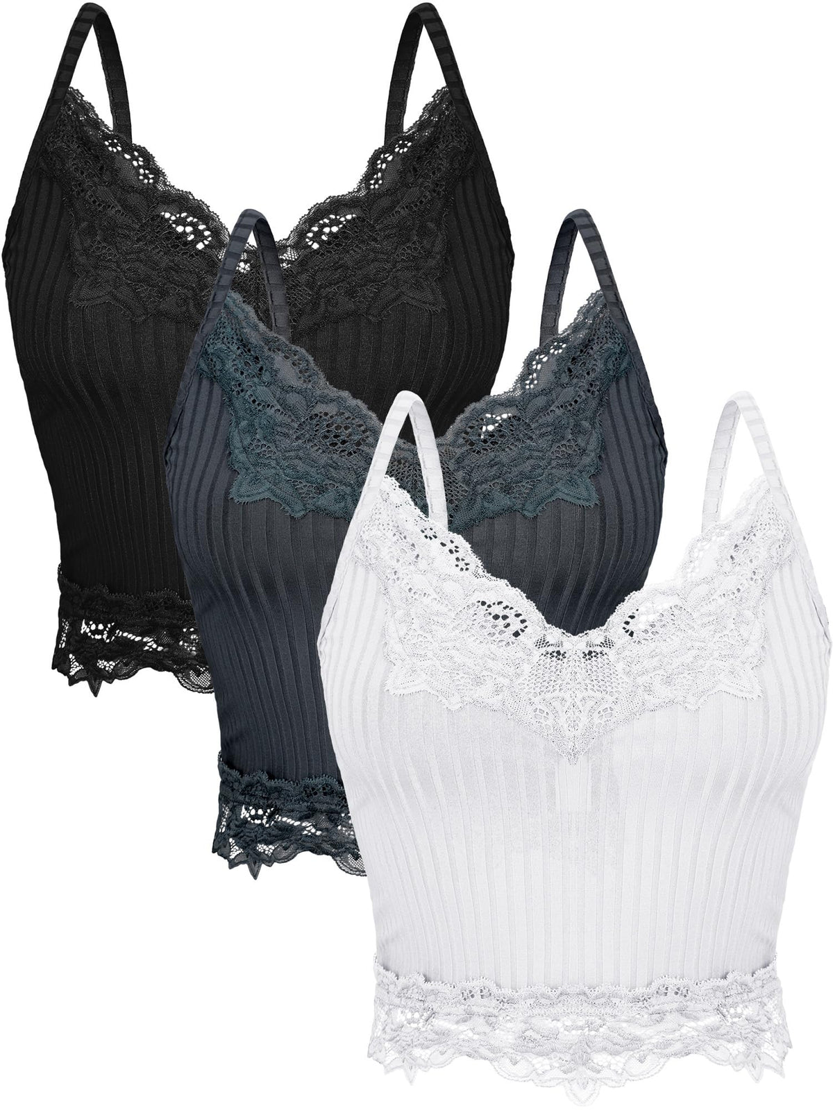 Bencailor 3 Pcs Women's Lace Tank Tops Y2k Camisole Lace Patchwork Crop Tops Grunge Style Ribbed Knitted Clothing