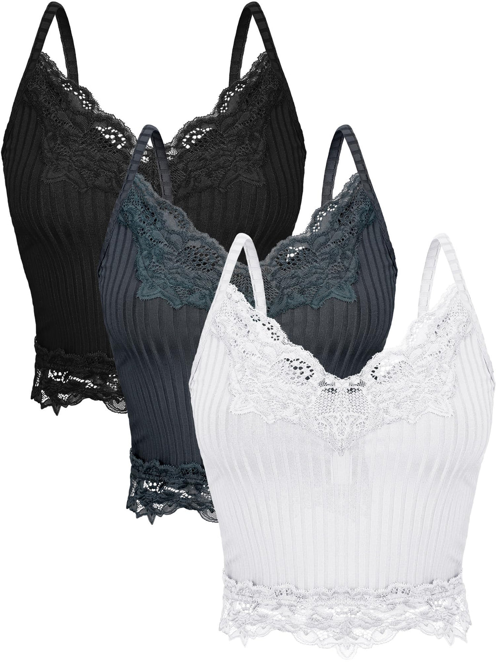 Bencailor 3 Pcs Women's Lace Tank Tops Y2k Camisole Lace Patchwork Crop Tops Grunge Style Ribbed Knitted Clothing