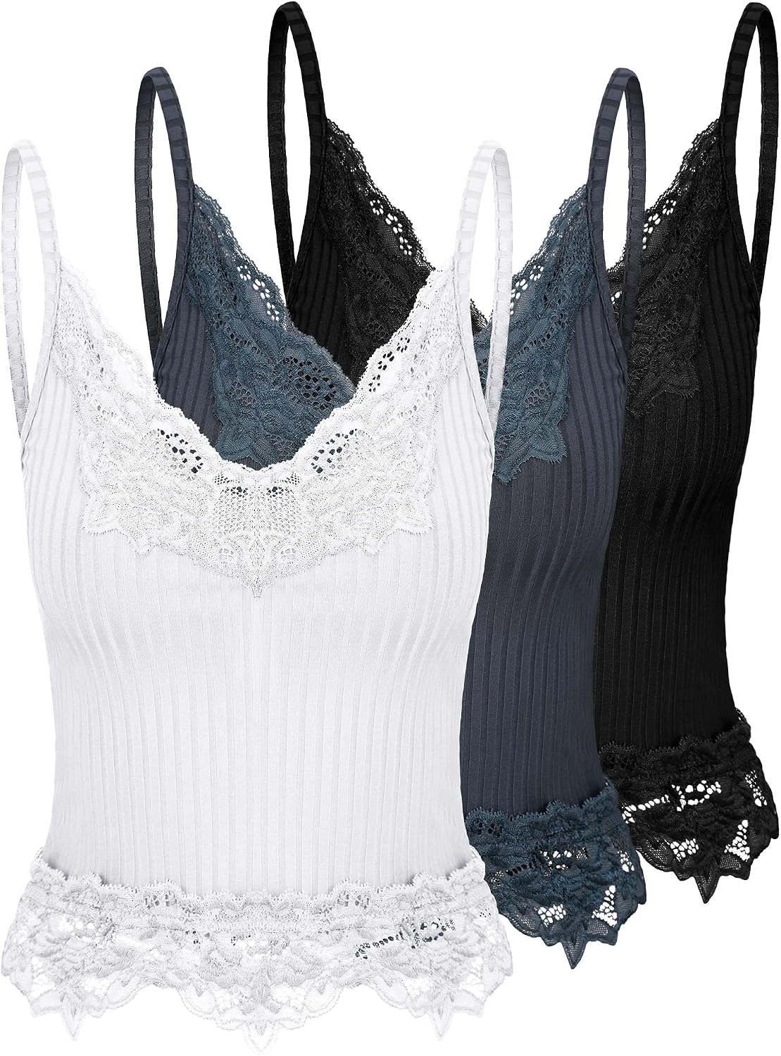 Bencailor 3 Pcs Women's Lace Tank Tops Y2k Camisole Lace Patchwork Crop Tops Grunge Style Ribbed Knitted Clothing